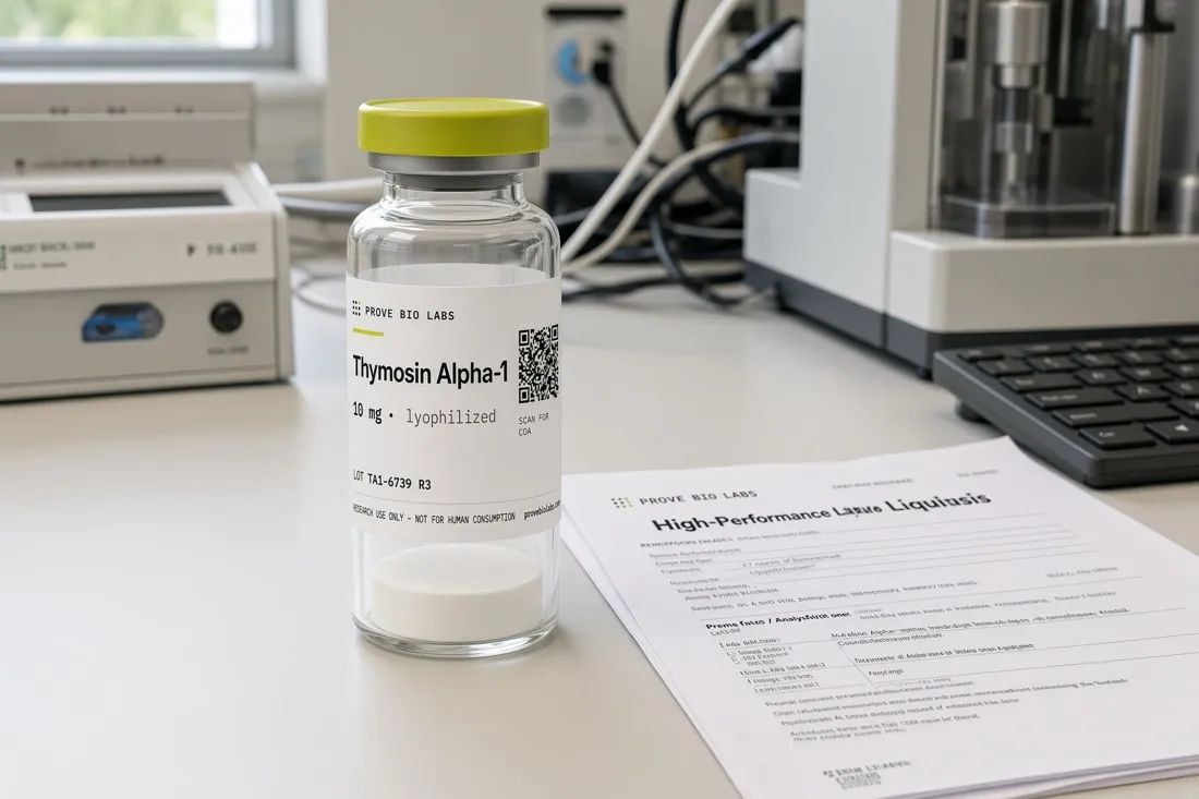 A research vial next to a printed high-performance liquid chromatography report