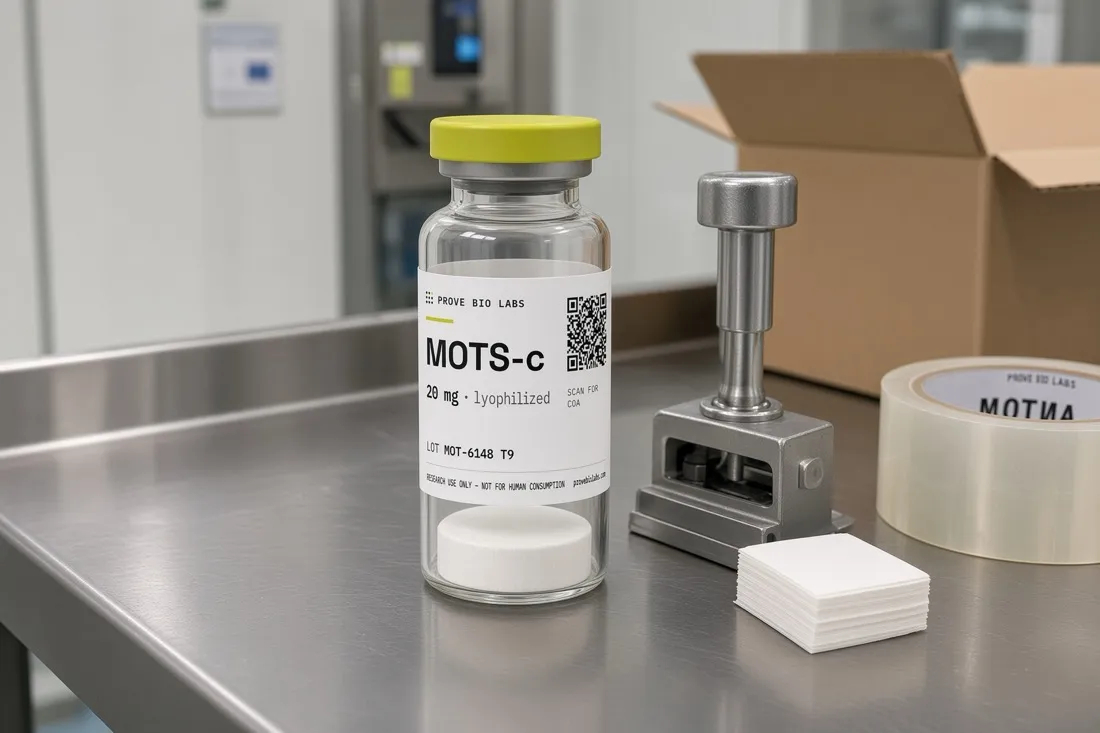 A research vial beside a crimping tool, sealing discs and packing tape