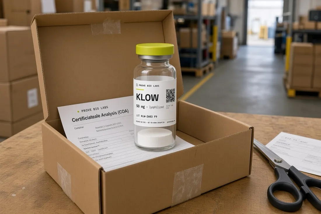 A research vial packed in a shipping box alongside its certificate of analysis